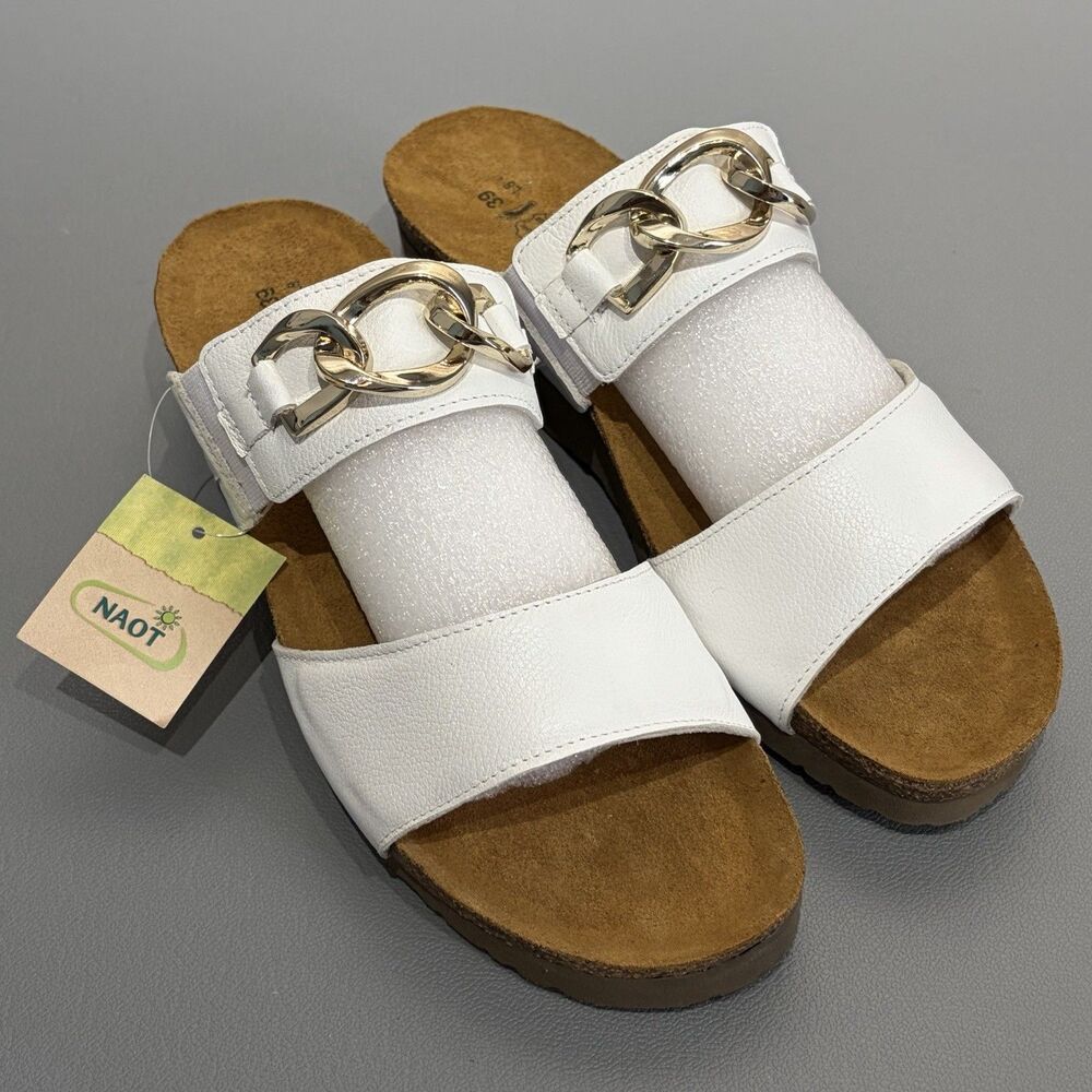 NAOT Victoria Slide Sandal Soft White Leather Chain Detail Old Money EU 39 US 8